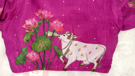 Embrace the Richness of Indian Heritage with a Pichwai Aari Work Blouse in Mulberry shade HandMade Maggam/Aari work Blouse fully stitched