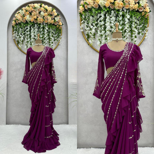 Beautiful Ready to wear Saree with full hands stiched work Blouse with Belt Ready to ship in USA , Partwear Saree Wedding Reception dress