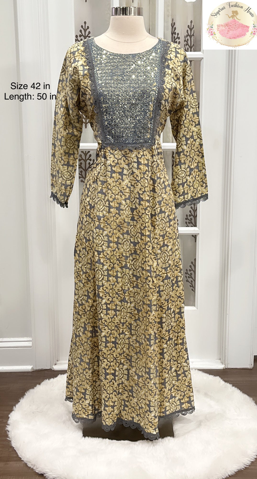 Chic long frock Comfortable summer maxi with print embroidery and sequence in yoke Ready to ship USA size 42