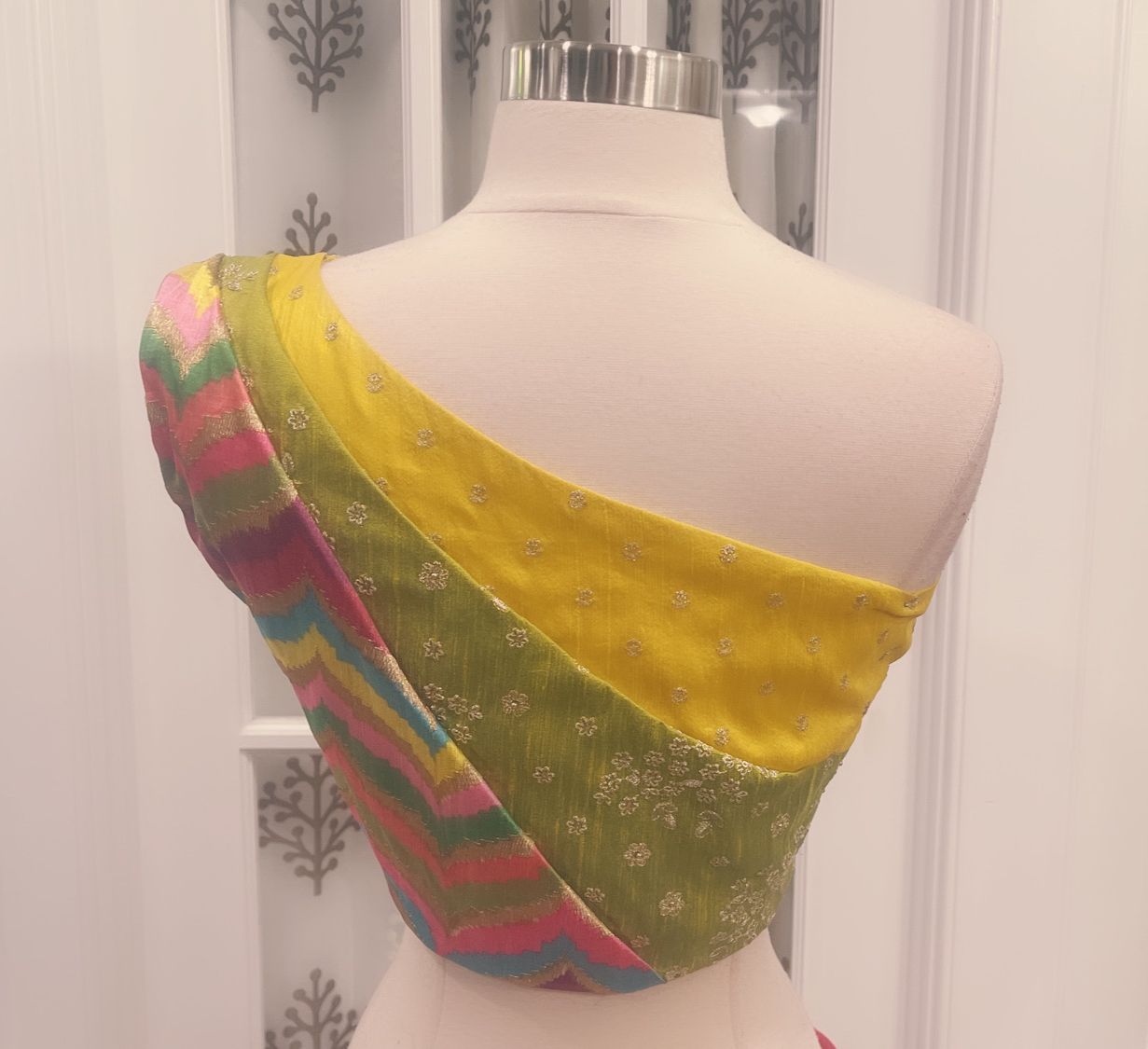Pure raw silk One Shoulder Lehenga choli for women with Multicolor work Unique blouse for Smart Classy Look wedding reception grand Partywear USA