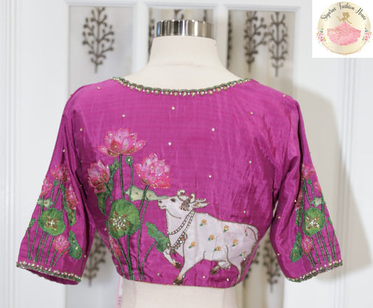 Embrace the Richness of Indian Heritage with a Pichwai Aari Work Blouse in Mulberry shade HandMade Maggam/Aari work Blouse fully stitched