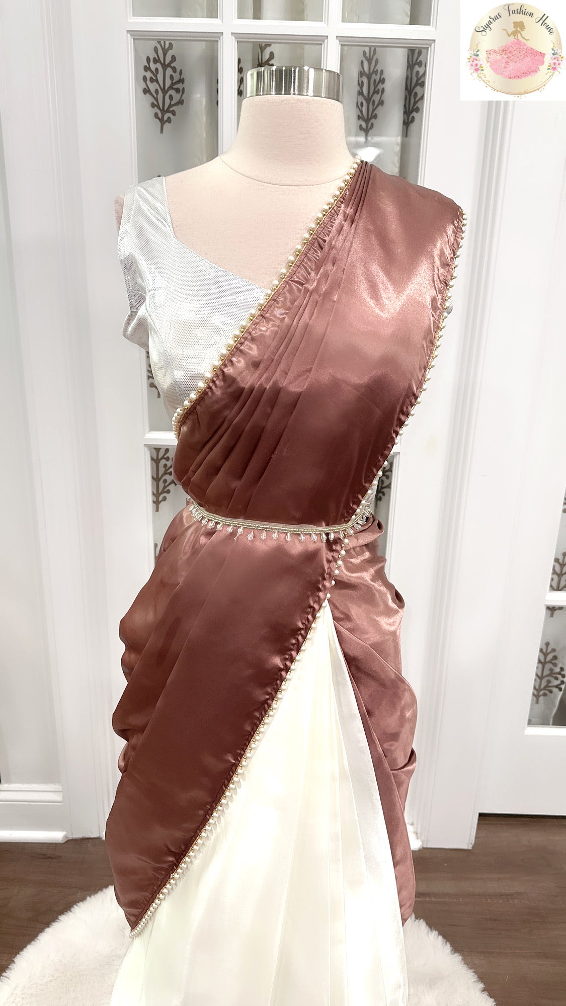 Heavy Satin Silk Saree in dark chestnut and Ivory hues with Moti lace border and metallic Blouse fully stitched standard size