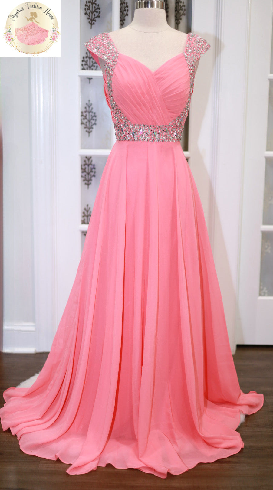 Pretty coral Prom Gown Flowy Floor Length A line with sequin and bead embellishments Ships from NcUsA