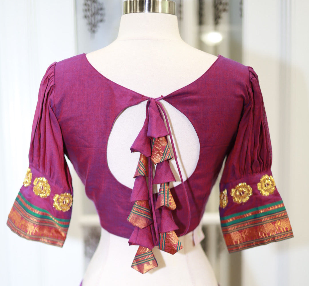 Raspberry color Narayanpet cotton half saree with Maggam work blouse stitched set