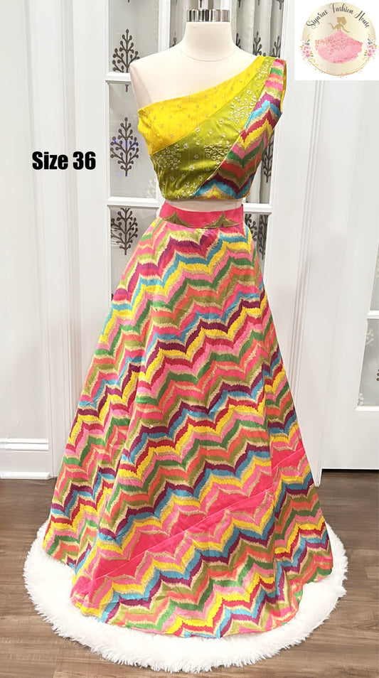 Pure raw silk One Shoulder Lehenga choli for women with Multicolor work Unique blouse for Smart Classy Look wedding reception grand Partywear USA