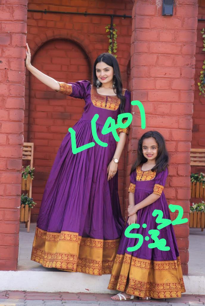 Silk traditional Long gown in marroom and purple color for Mom n Daughter combo