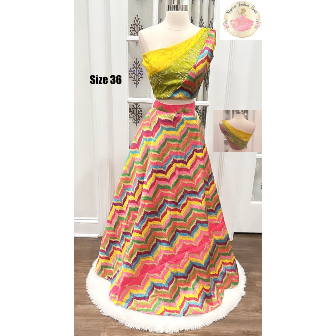Pure raw silk One Shoulder Lehenga choli for women with Multicolor work Unique blouse for Smart Classy Look wedding reception grand Partywear USA