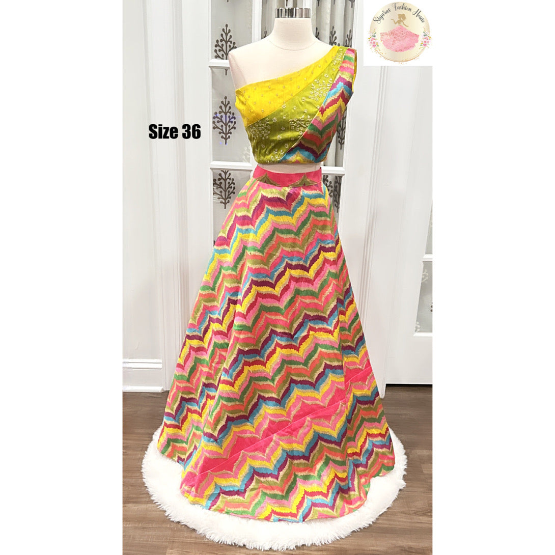 Pure raw silk One Shoulder Lehenga choli for women with Multicolor work Unique blouse for Smart Classy Look wedding reception grand Partywear USA