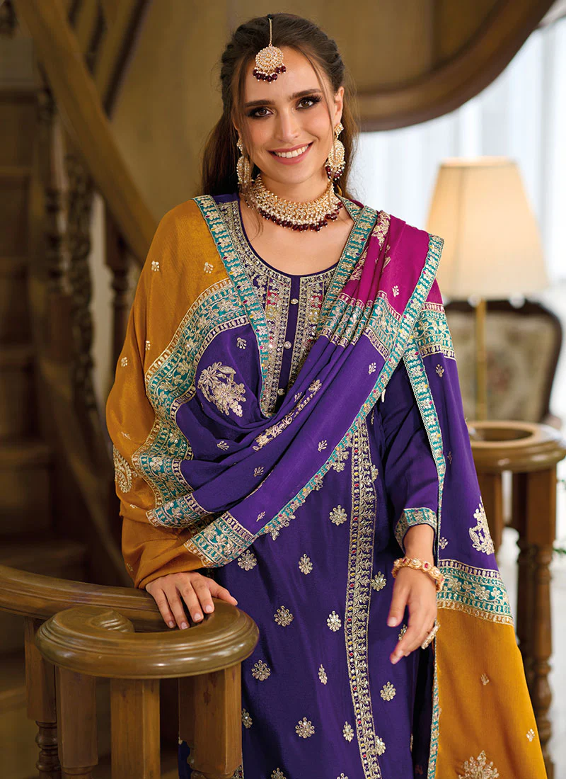Purple Multicolored Embroidery Pant Style Suit pakistani style suit set ready to ship