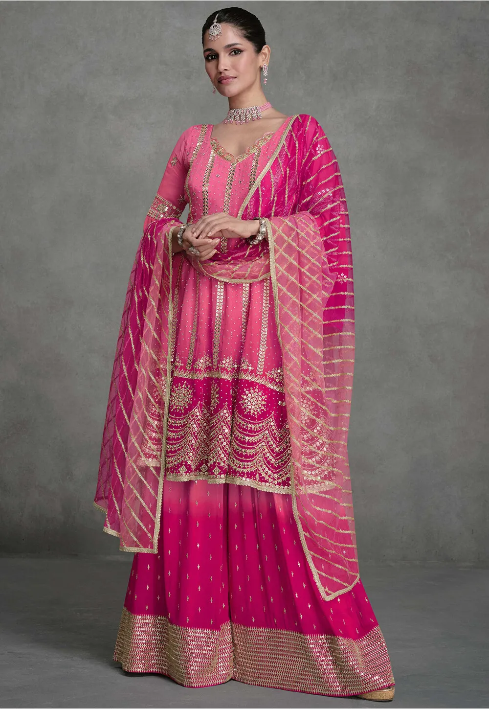 Dual Shade Pink and Fuschia Georgette Sharara Set with Embroidered Net Dupatta - XL Size Ready to ship USA
