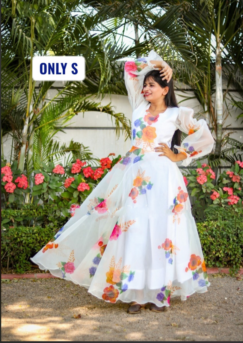 Elegant Organza Gown: Length 54 Inches, Size Small (36) Weightless Glamour Partywear Long gown with floral design Ready to ship
