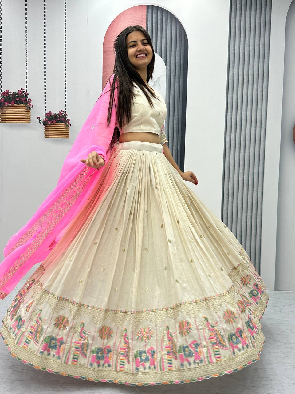 Elegant Off White Banarasi Tissue Silk Wedding Lehenga Choli – Heavy Embroidery & Sequin Work – Size M 38 , chaniya choli, ready to ship usa