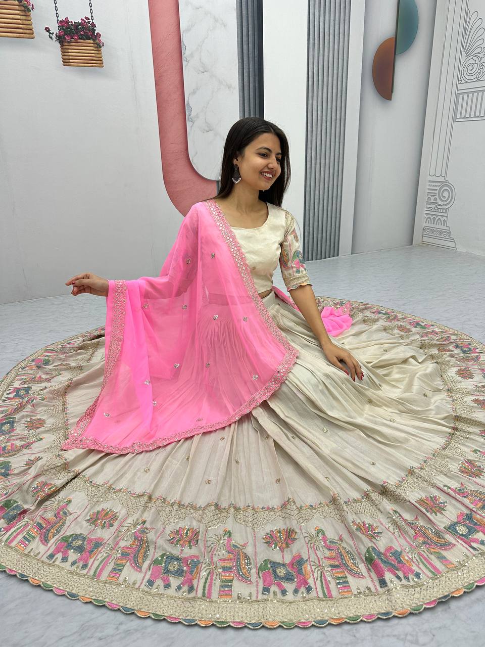 Elegant Off White Banarasi Tissue Silk Wedding Lehenga Choli – Heavy Embroidery & Sequin Work – Size M 38 , chaniya choli, ready to ship usa