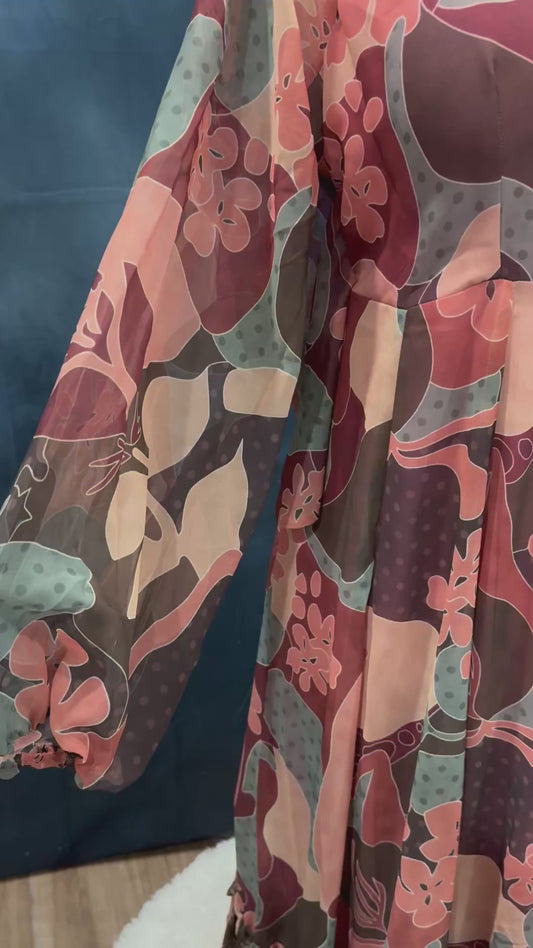 Beautiful floral one layer georgette long gown. Available in size 40/42