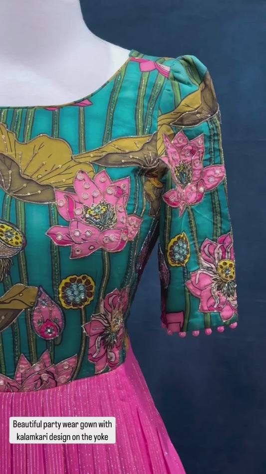 Georgette Kalamkari long gown Partywear with hand work on the yoke. Available in size small 36