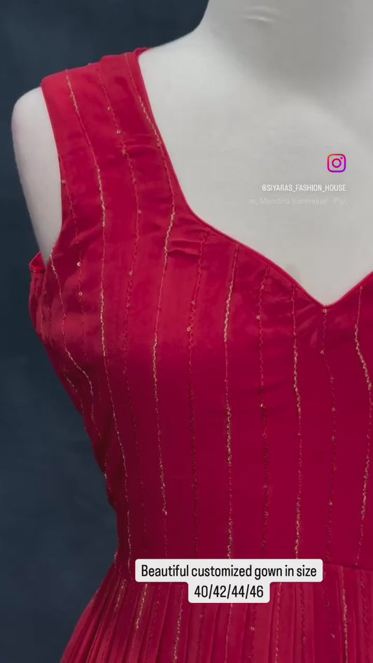 Beautiful brick red color customized gown in gorgette fabric. Available in size 40/42 fits upto 46. Can be altered