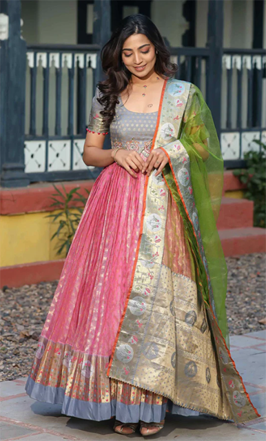 Zari Kota Banarasi Silk Anarkali Long gown with Pethani Border and Maggam Work Yoke Traditional partywear dress Ready to ship free USA