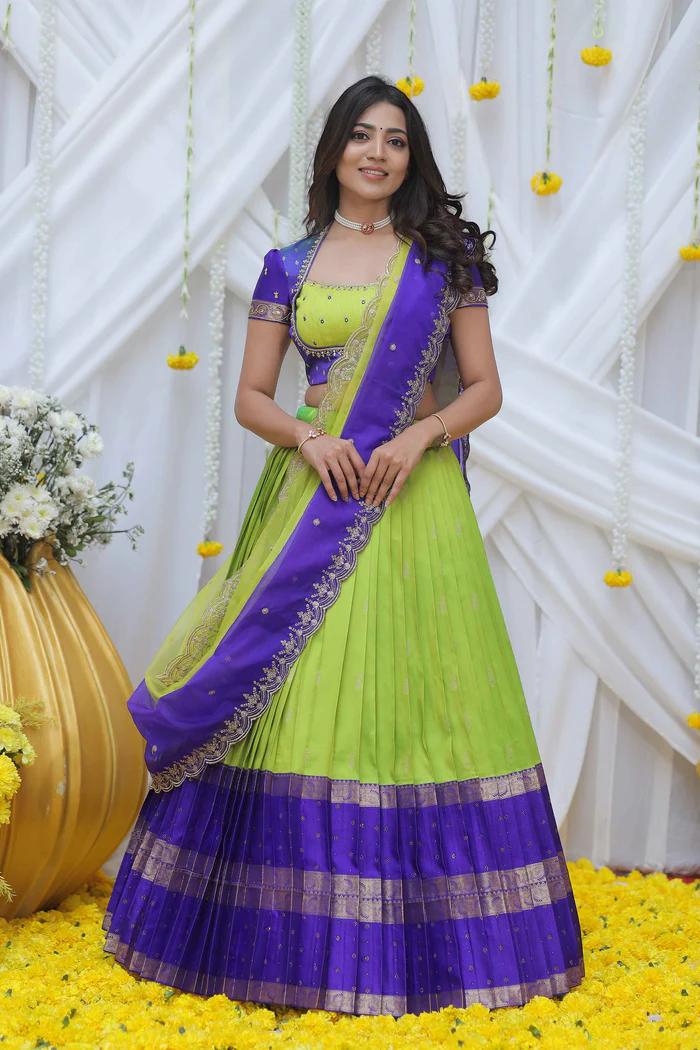 Trendy Lime and Blue combo Gadwal Silk Half saree for teens/adults with work blouse Half Saree. Size 38/40/42