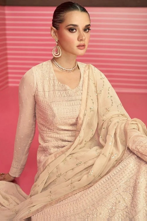 ON clearence sale!! Embroidered Cream Beige Georgette Anarkali Suit Partywear full sleeves in georgette fabric size 40 Free ship USA