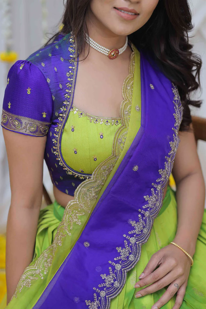Trendy Lime and Blue combo Gadwal Silk Half saree for teens/adults with work blouse Half Saree. Size 38/40/42