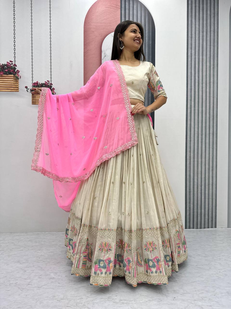 Elegant Off White Banarasi Tissue Silk Wedding Lehenga Choli – Heavy Embroidery & Sequin Work – Size M 38 , chaniya choli, ready to ship usa