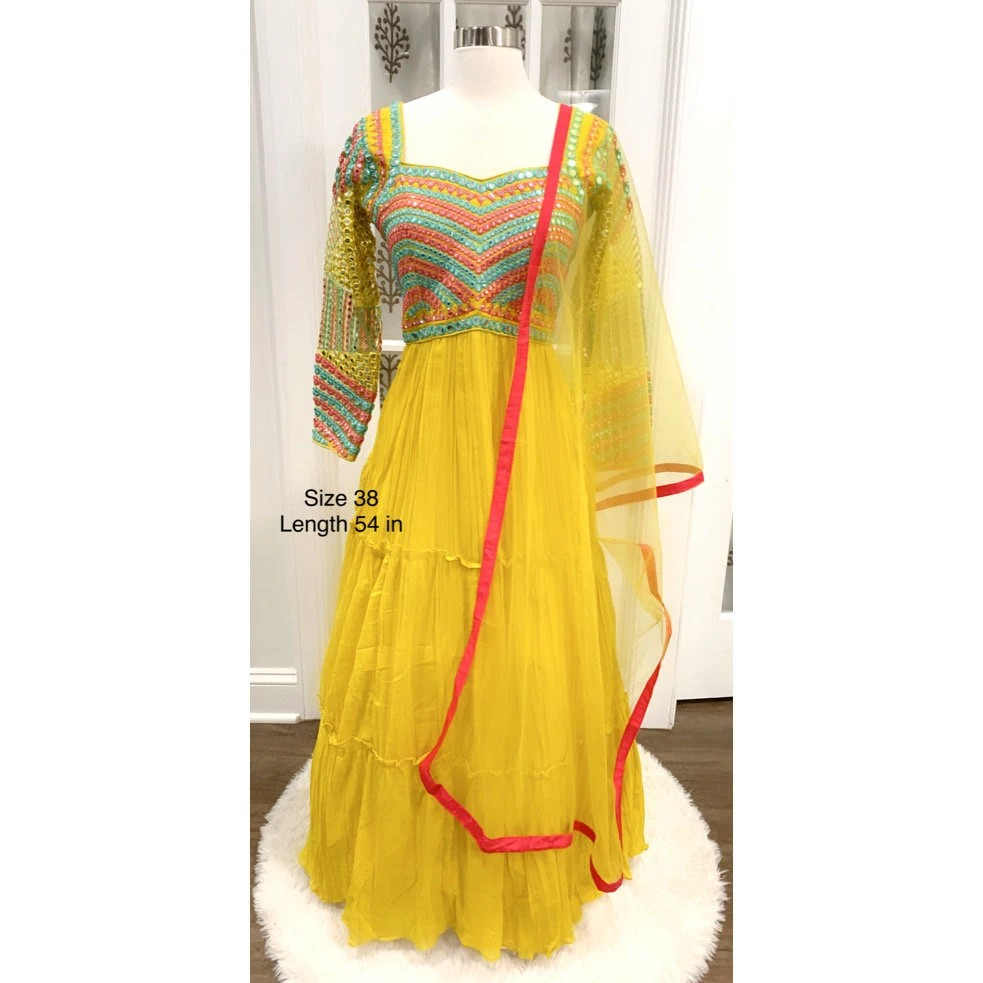 On sale yellow Long Sleeves Gown with work on yoke and back Ready to ship size 38.