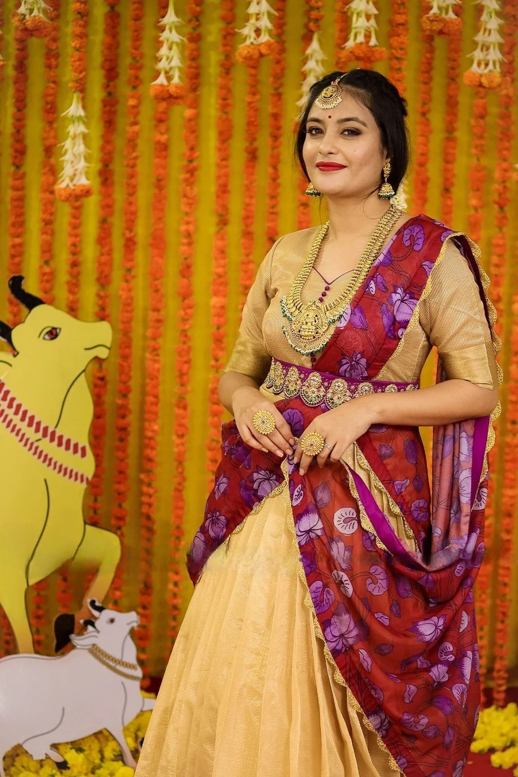 On Sale Traditional long gown With Golden Zari Border and Beautiful Tebi Silk Kalamkari Dupatta
