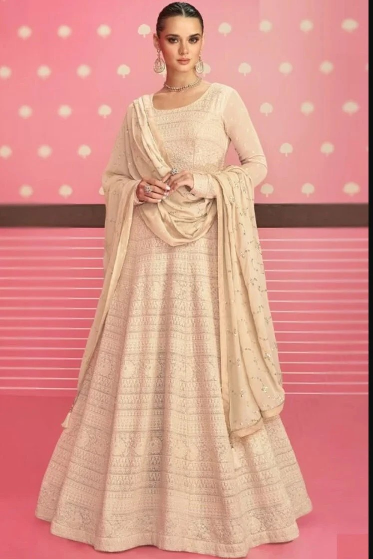 ON clearence sale!! Embroidered Cream Beige Georgette Anarkali Suit Partywear full sleeves in georgette fabric size 40 Free ship USA