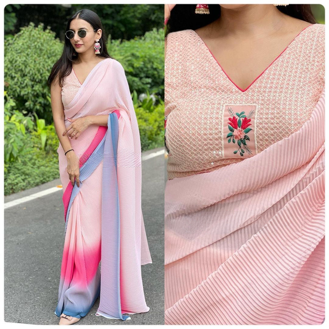 Georgette crushed Saree with fully Stitched Blouse