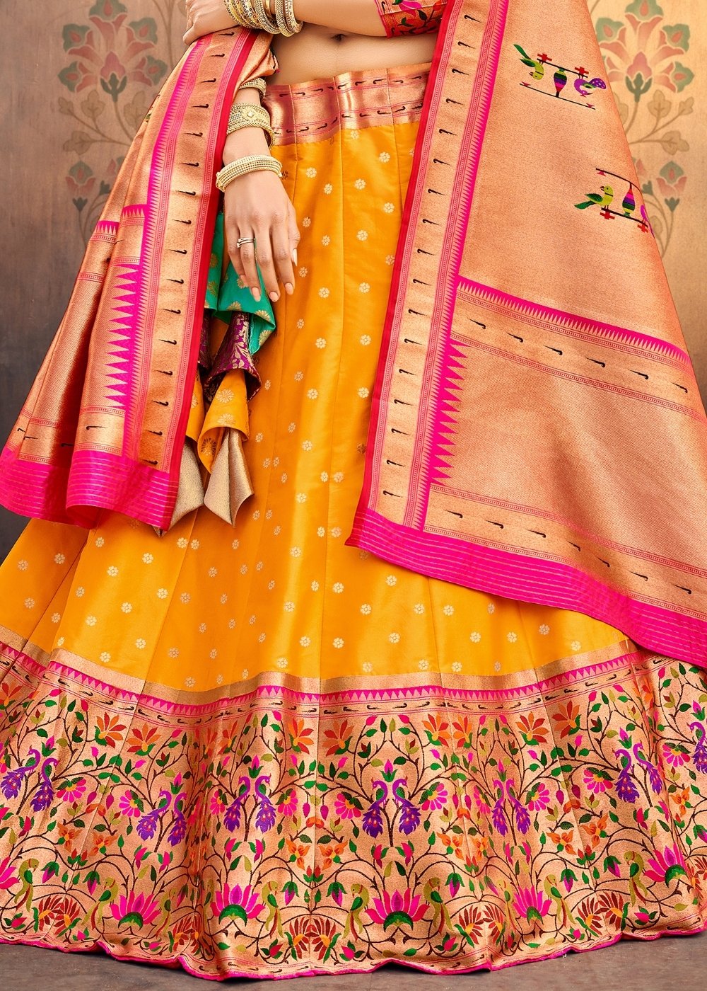Pure Yellow and Pink Banarasi brocade Silk Lehanga Choli