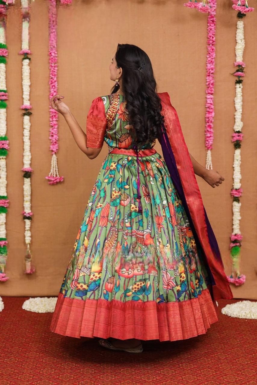 kalamkari Pattu dress With vibrant kansu worked Belt and Georgette dupatta