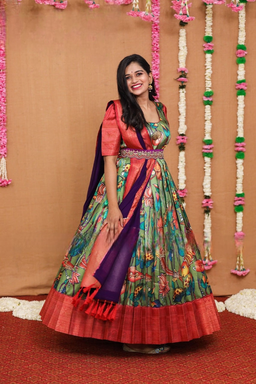 kalamkari Pattu dress With vibrant kansu worked Belt and Georgette dupatta