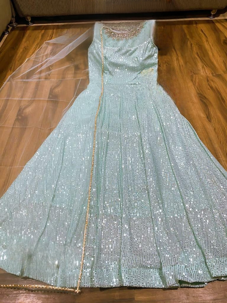 Premium Chanderi Silk Padded Gown With All Over Heavy Sequins Embroidory Neckline Including Dupatta