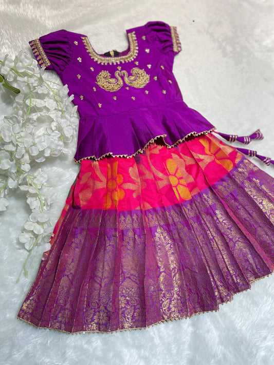 Kids age 1 - 2 yrs Banarasi Big Border lehenga paired with pretty maggam work on silk blouse