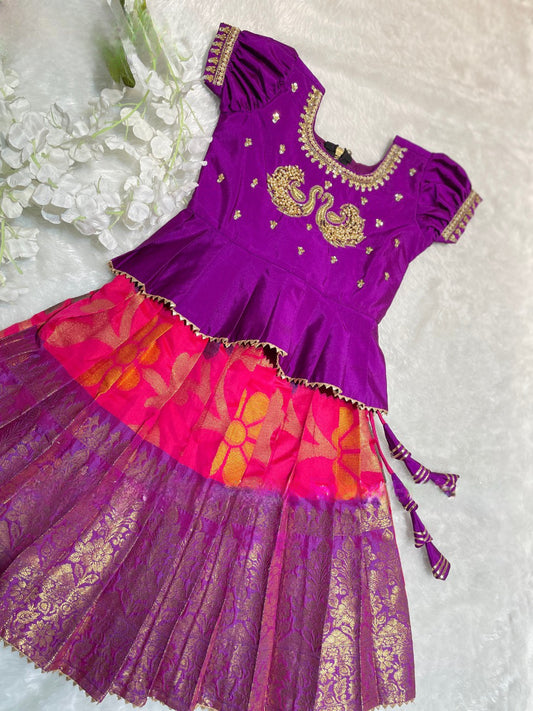 Kids age 1 - 2 yrs Banarasi Big Border lehenga paired with pretty maggam work on silk blouse