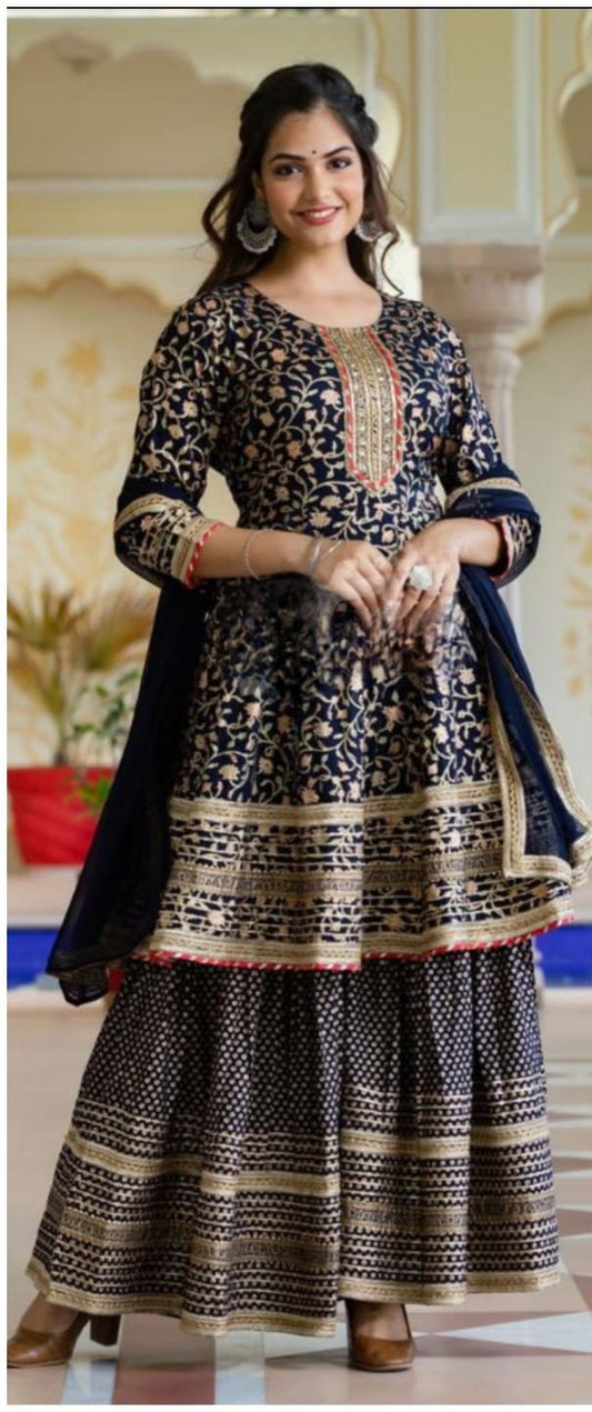 Designer Gota Patti Anarkali Sharara Set in cotton fabric for Partywear