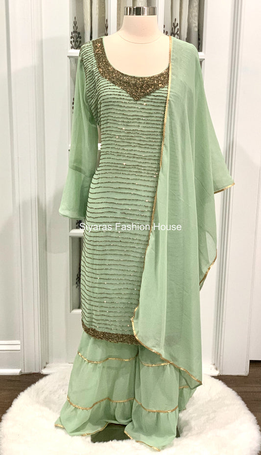 Georgette kurti Sharara Set(3 PCs) with hand work. Ready to ship