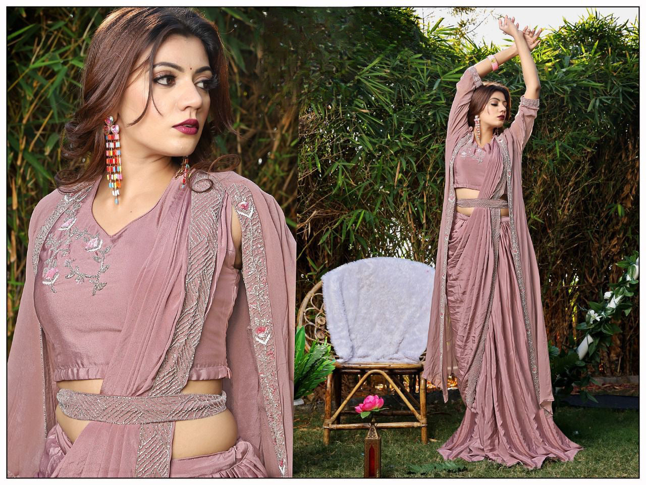 Drape Style Saree/ lehanga Dress with Shrug and Work hip belt