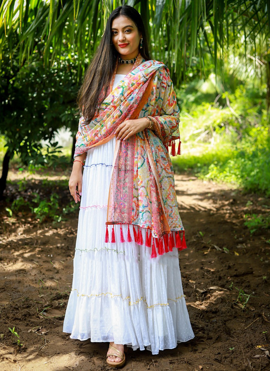 White Fleur Butti Chiffon Tier Dress Size 40