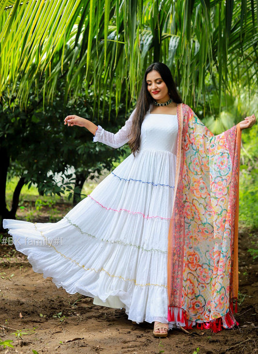 White Fleur Butti Chiffon Tier Dress Size 40