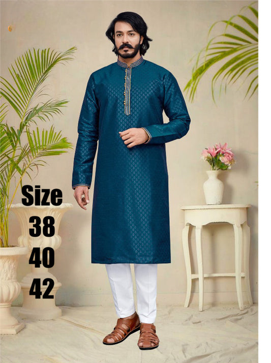 Mens Silk Kurta teal blue Pyjama Sets self weaving Partywear dress, wedding reception dress