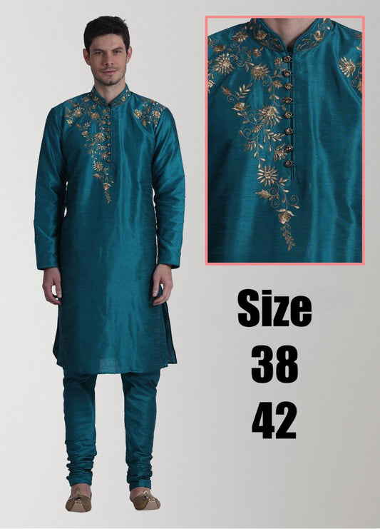 Mens Silk Kurta teal green Pyjama Sets self weaving Partywear dress, wedding reception dress