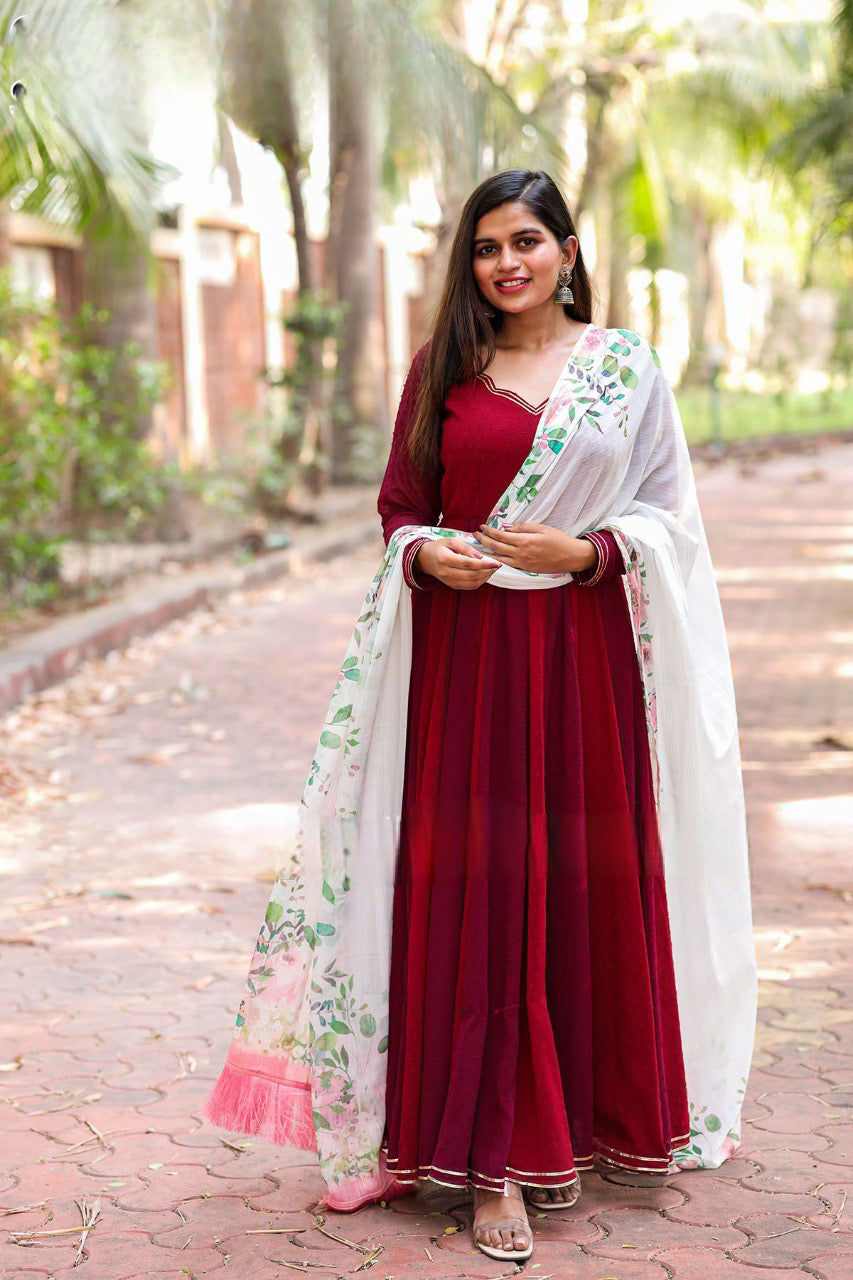 Georgette Flowy Anarkali gown with matching Dupatta in red wine color for Partywear