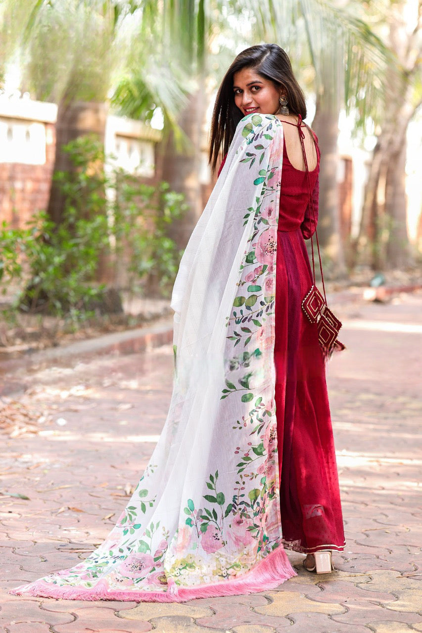 Georgette Flowy Anarkali gown with matching Dupatta in red wine color for Partywear
