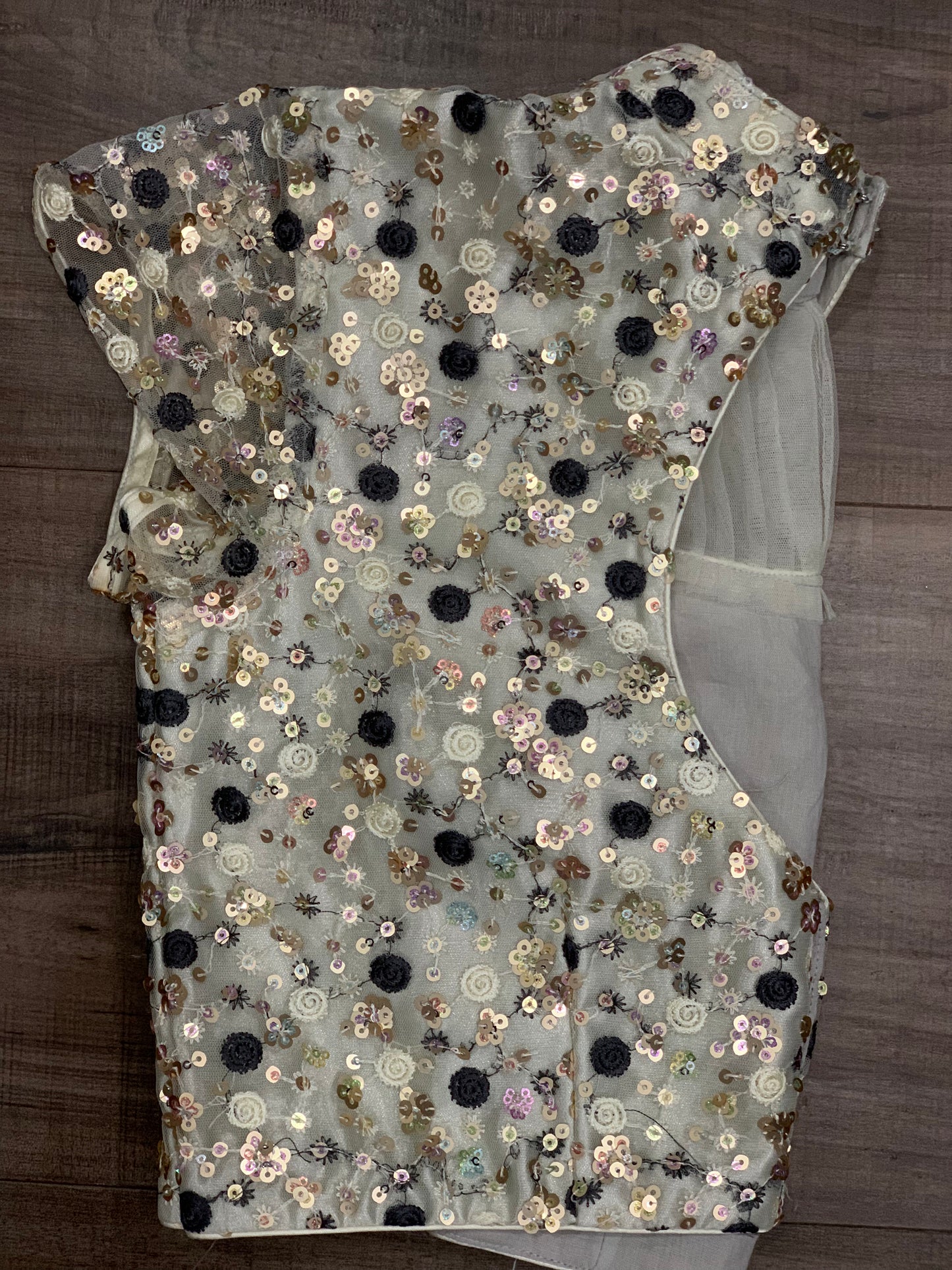 Trendy custom made trendy unique sequence and embroidery crop top in net material with satin inner size 34 plus 4