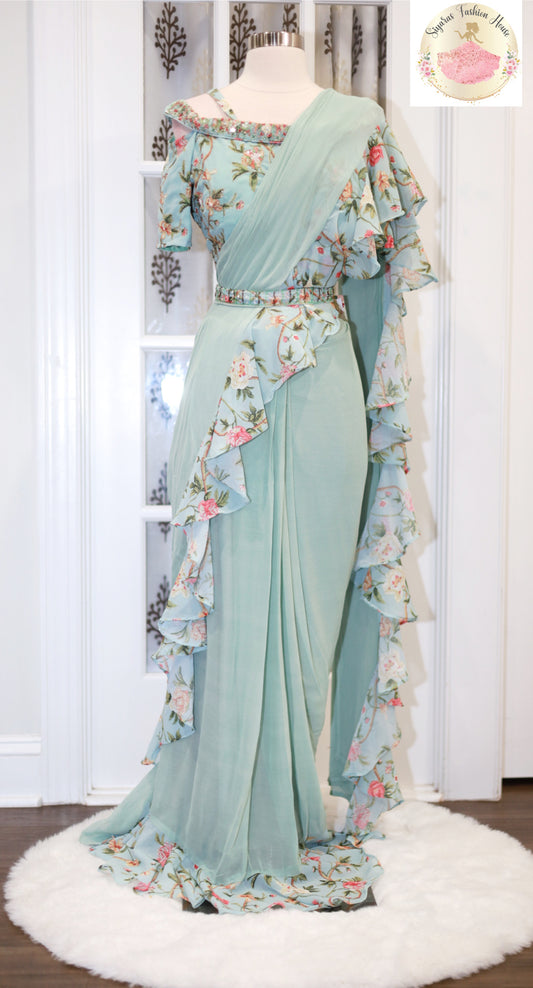 Chic and Trendy Elegant Ruffle saree Reqdy to wear for Partywear/wedding function.