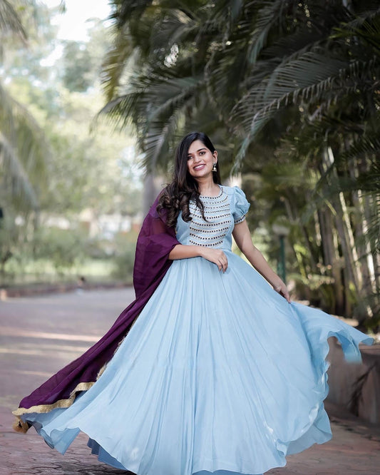 Uppada silk ling gown with wine organza Dupatta window