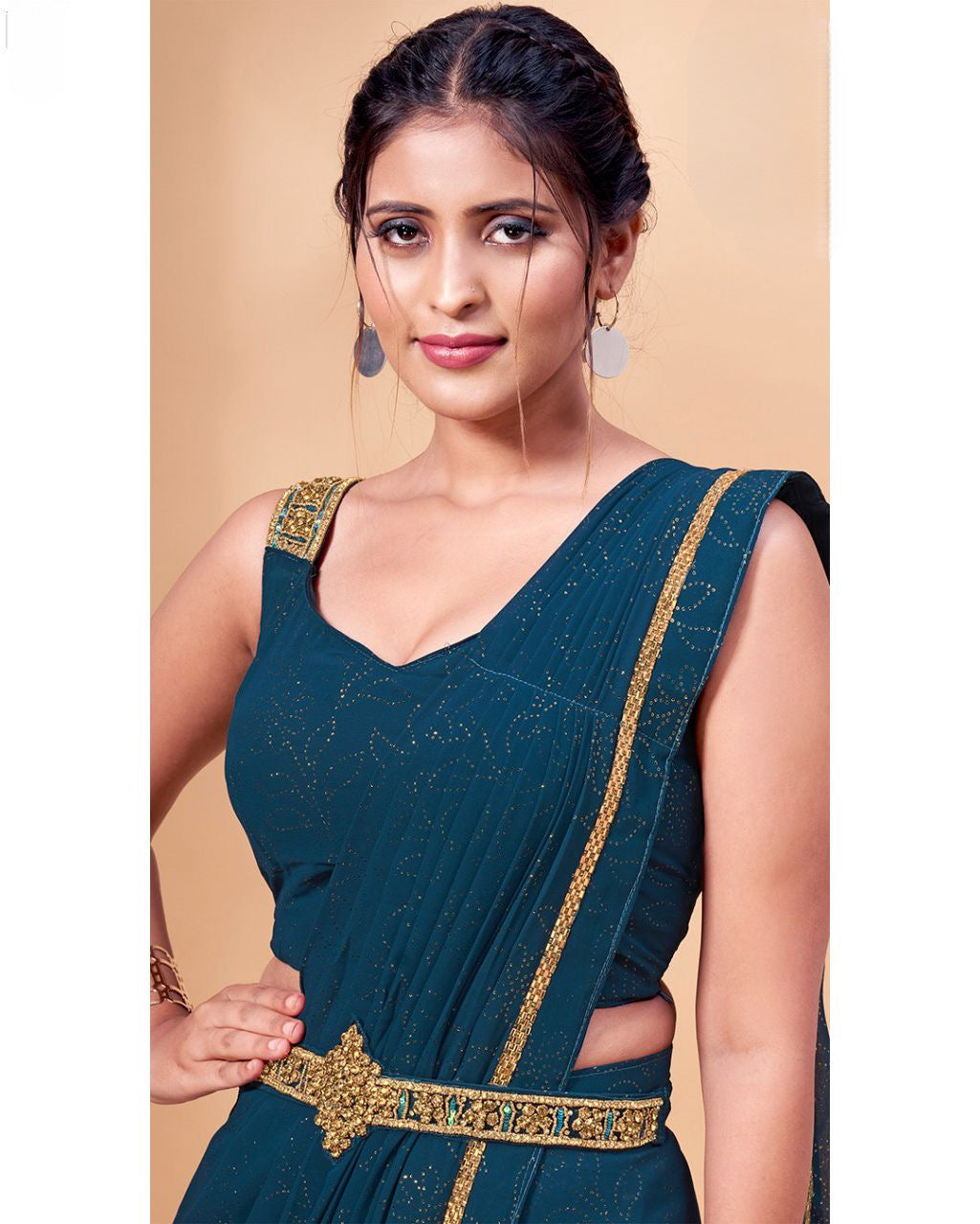 Beautiful Georgette Ready to Wear saree which has a waistband with closure and comes with stitched blouse