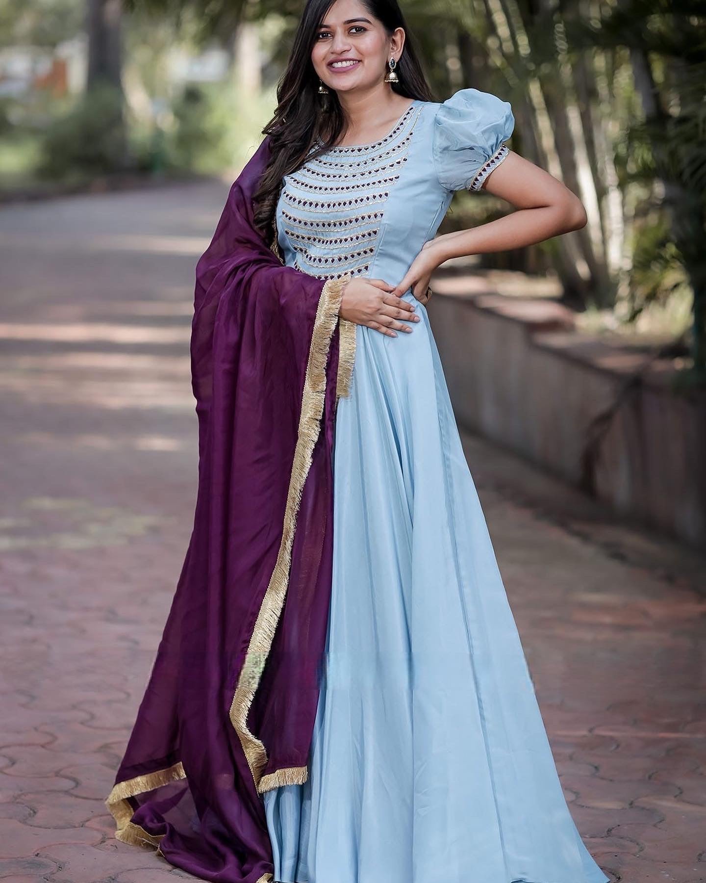 Uppada silk ling gown with wine organza Dupatta window