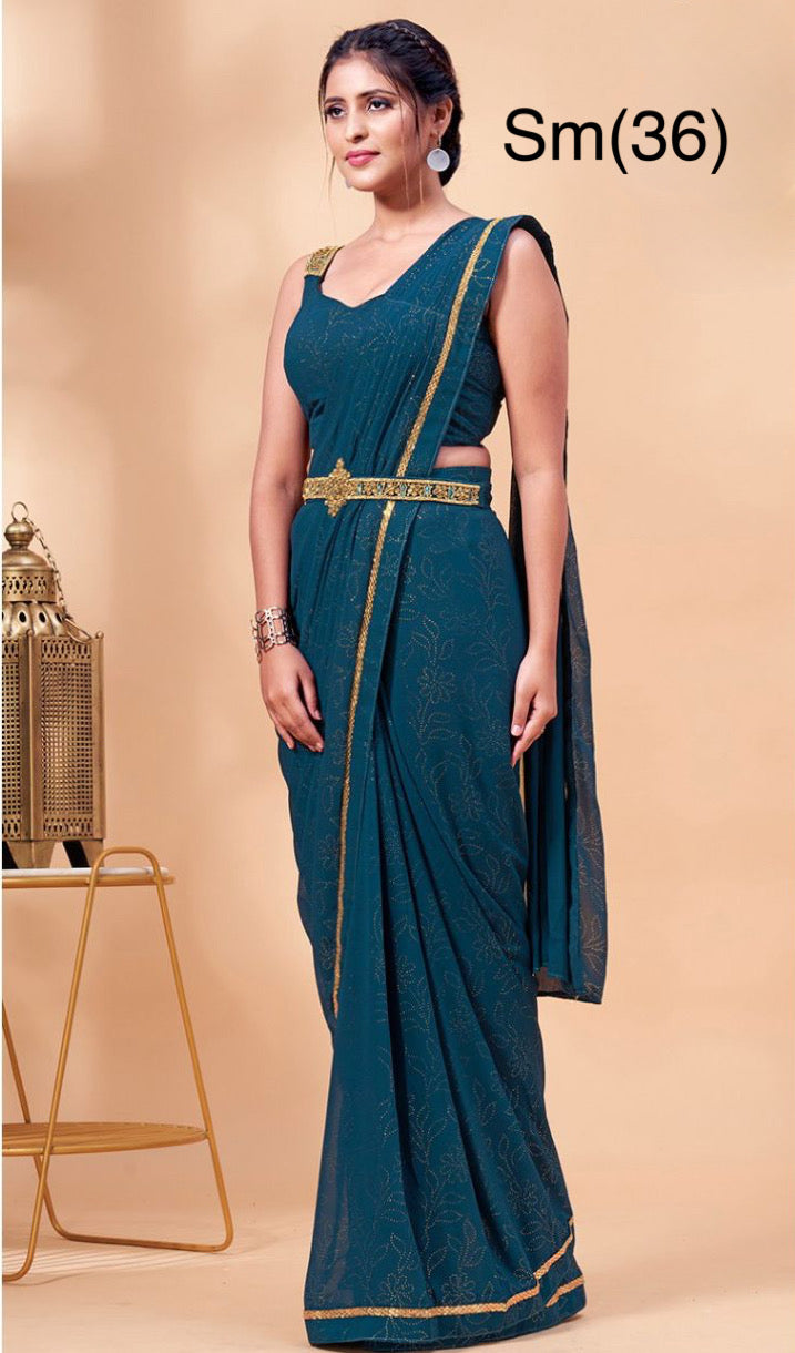 Beautiful Georgette Ready to Wear saree which has a waistband with closure and comes with stitched blouse